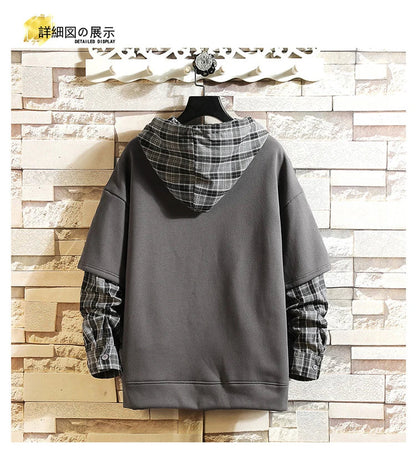 Fake Double Shirt Checkered Hoodie