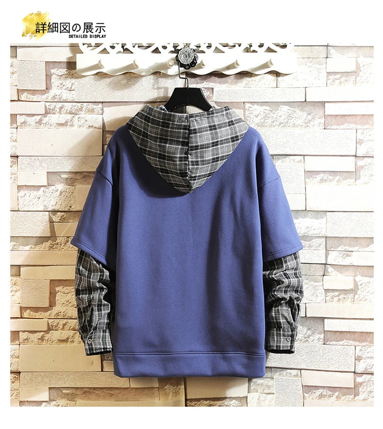 Fake Double Shirt Checkered Hoodie