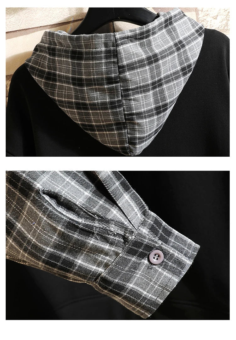 Fake Double Shirt Checkered Hoodie