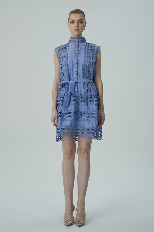 Blue Lace Mini Kemerli Elbise