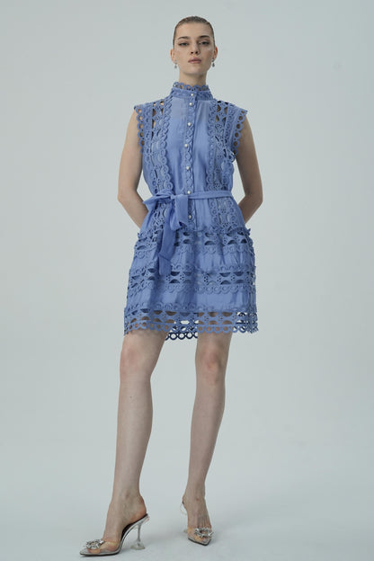 Blue Lace Mini Kemerli Elbise