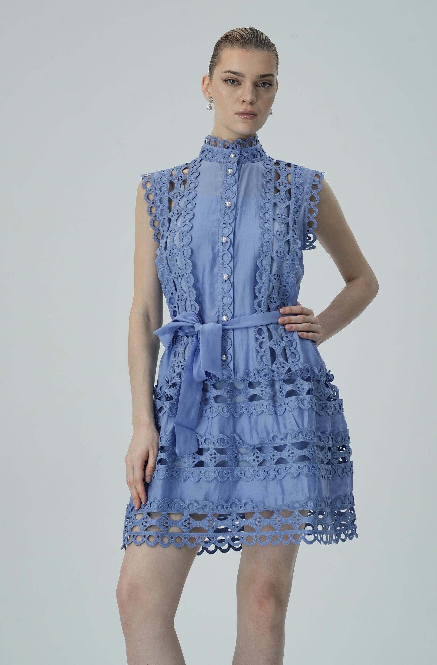 Blue Lace Mini Kemerli Elbise