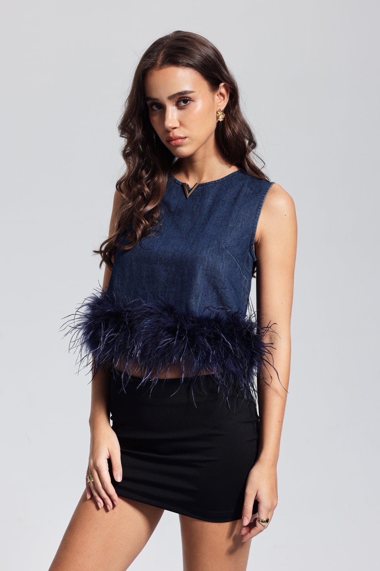 Kerrie Tüy Kolsuz Denim Üst