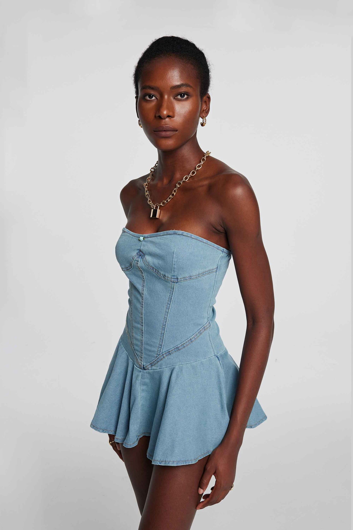 Leora Strapless Bodycon Denim Dress In Light Blue