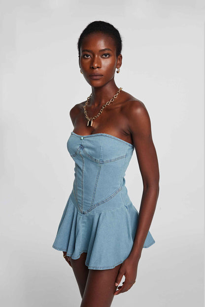 Leora Strapless Bodycon Denim Dress In Light Blue