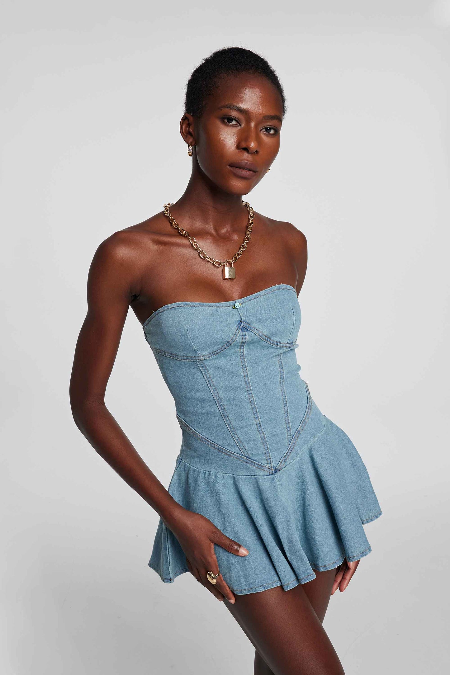 Leora Strapless Bodycon Denim Dress In Light Blue