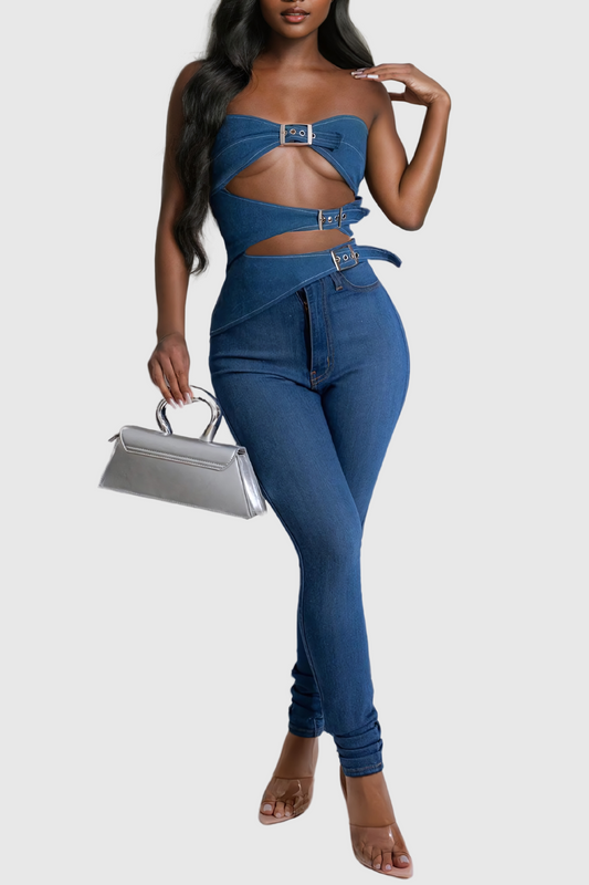 Meher Dekolteli Straplez Denim Üst