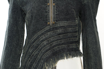 Luzz Yaka Fermuarlı Kısa Patchwork Yıkanmış Püsküllü Retro Ceket