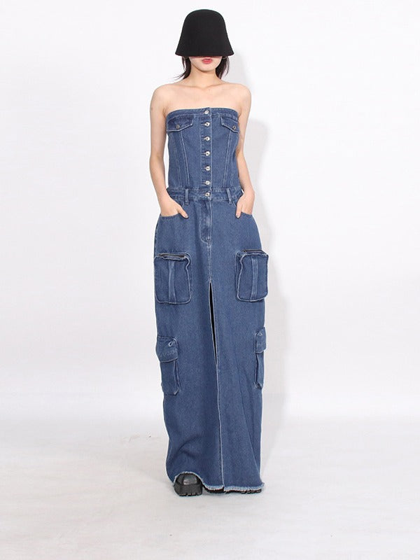 Work B Dark Blue Denim Maxi Elbise