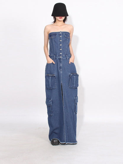 Work B Dark Blue Denim Maxi Elbise