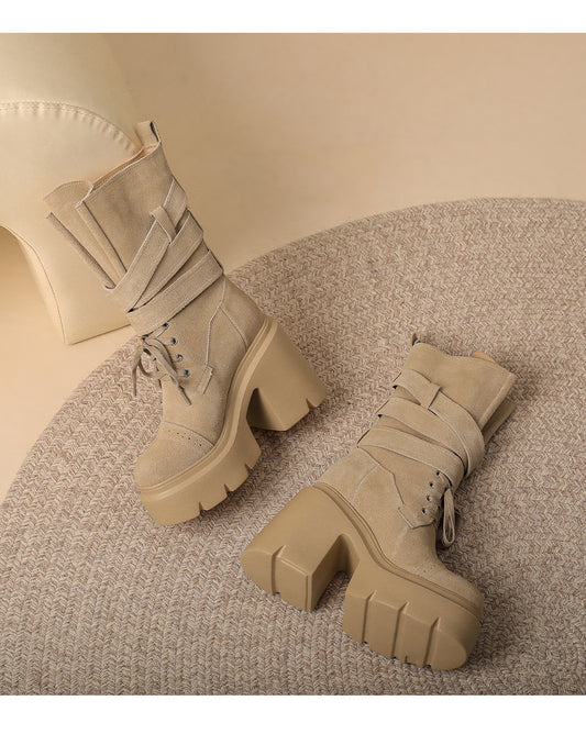 Luzz Nubuk Deri Kalın Topuk Şövalye Çizme