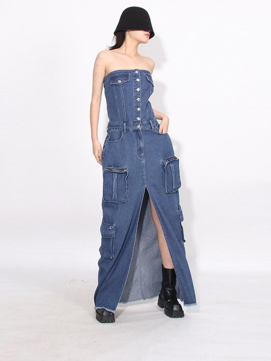Work B Dark Blue Denim Maxi Elbise