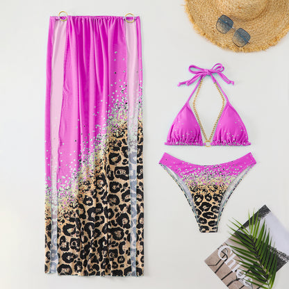 Rojo Orado 3 Parça Leopar Desenli Halter Yaka Bikini Takımı