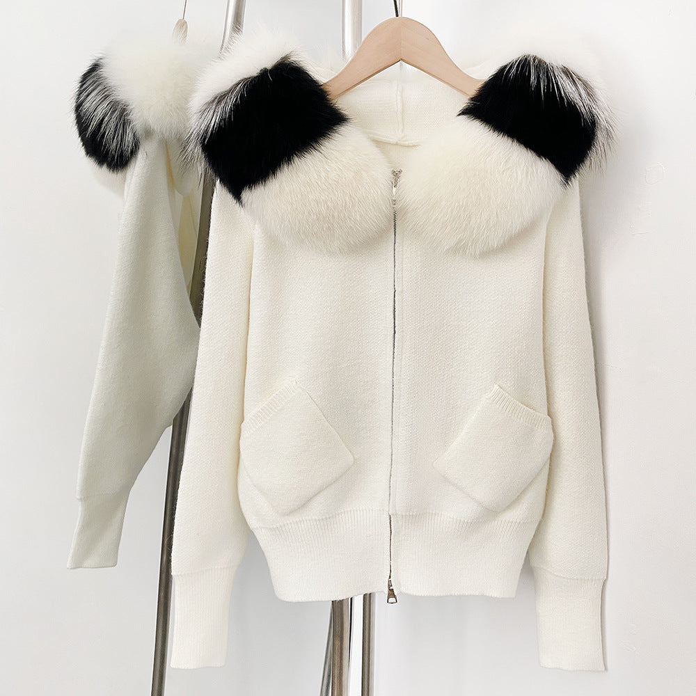 Luzz Fur Touch gerçek tilki kürkü kapüşonlu  örgü hırka