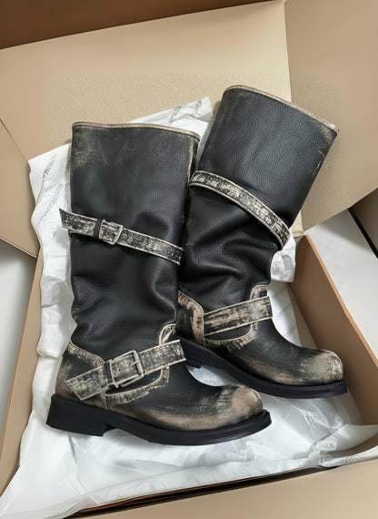 Luzz Kemer Tokalı Eskitme Kalın Topuk Çizme