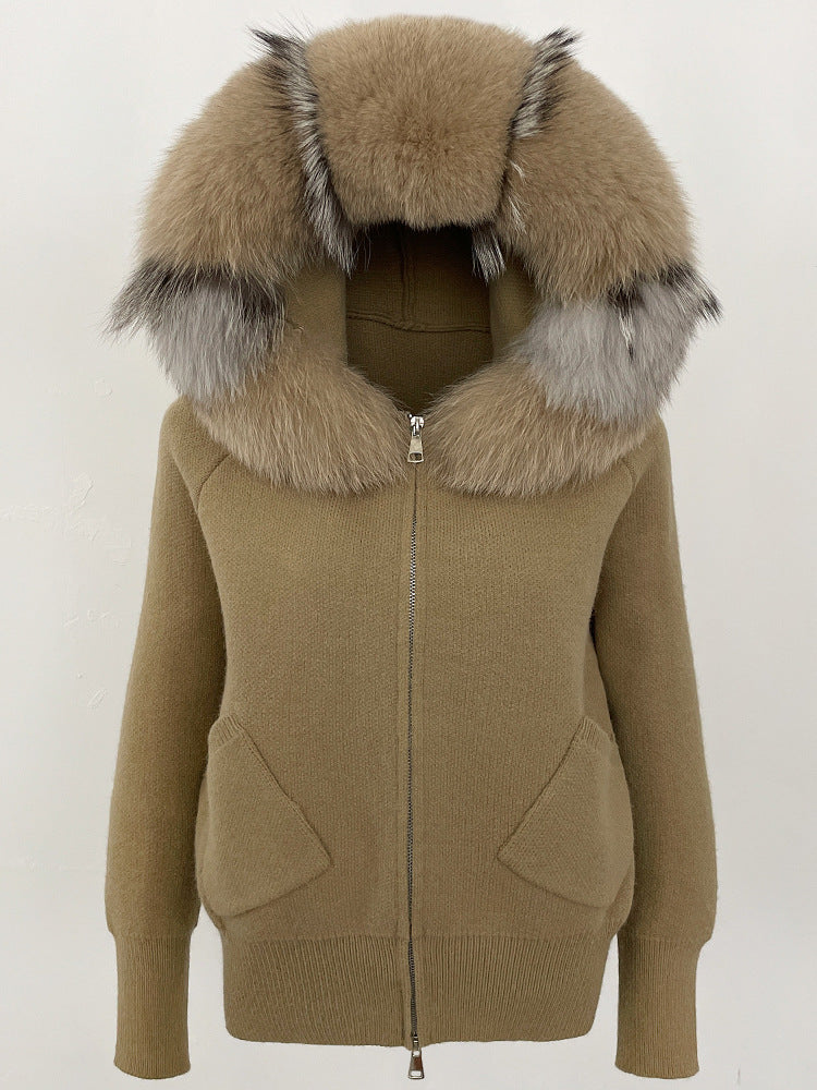 Luzz Fur Touch gerçek tilki kürkü kapüşonlu  örgü hırka