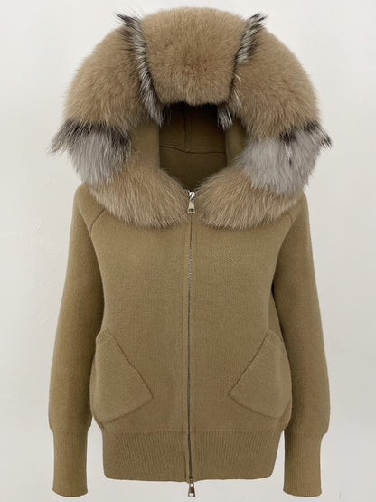 Luzz Fur Touch gerçek tilki kürkü kapüşonlu  örgü hırka