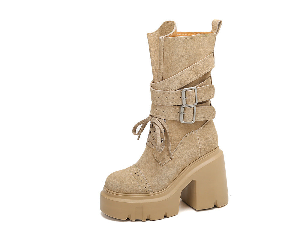 Luzz Nubuk Deri Kalın Topuk Şövalye Çizme