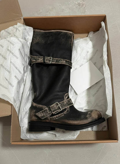 Luzz Kemer Tokalı Eskitme Kalın Topuk Çizme