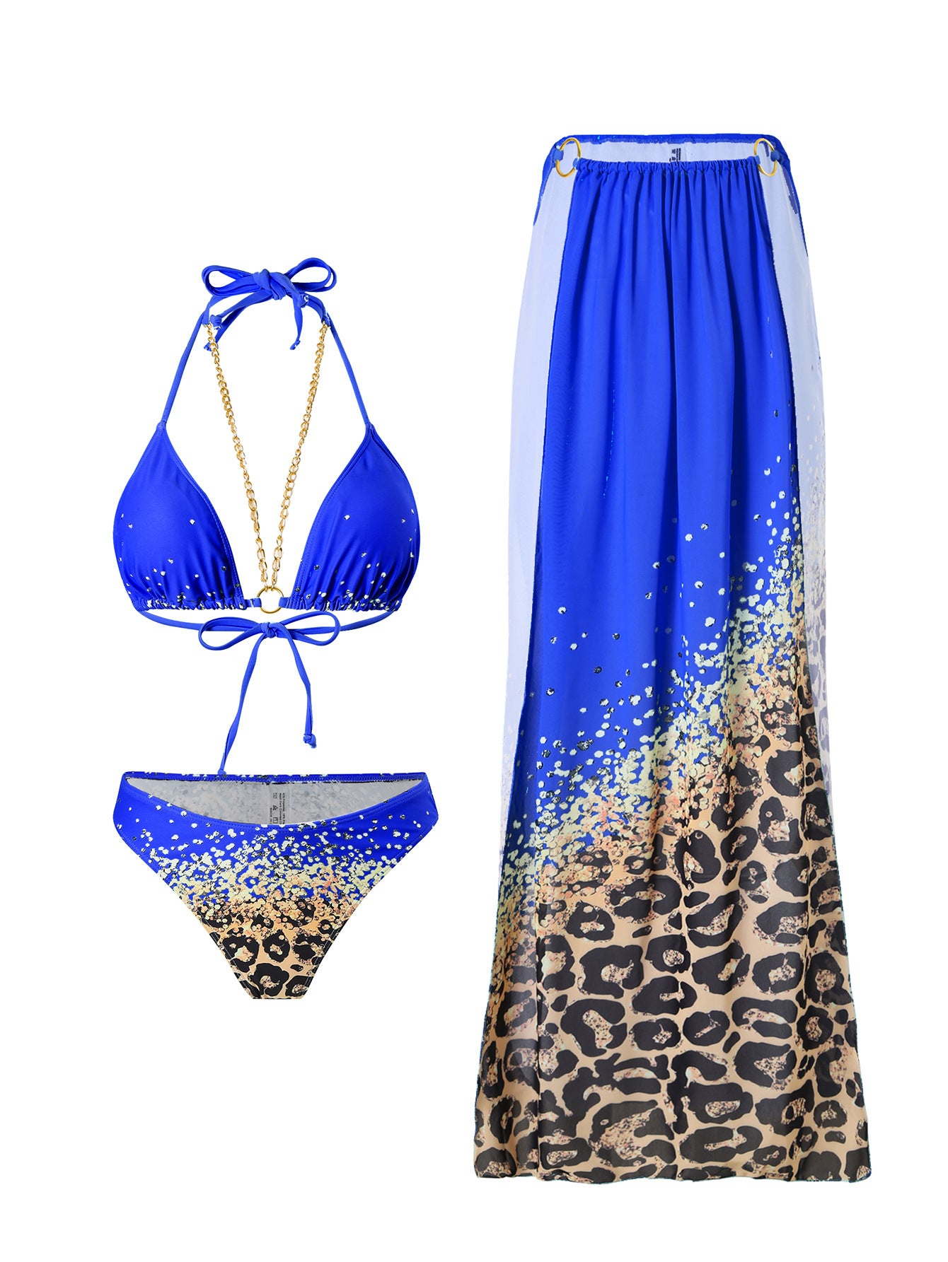 Rojo Orado 3 Parça Leopar Desenli Halter Yaka Bikini Takımı