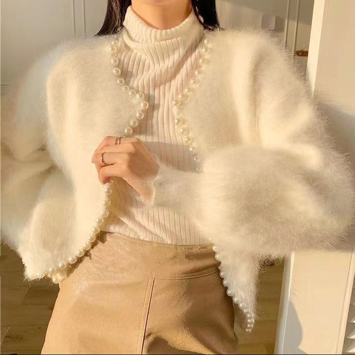 Boncuklu inci kenar kazak örme hırka