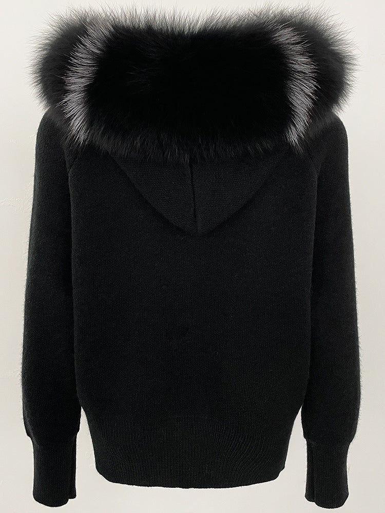 Luzz Fur Touch gerçek tilki kürkü kapüşonlu  örgü hırka