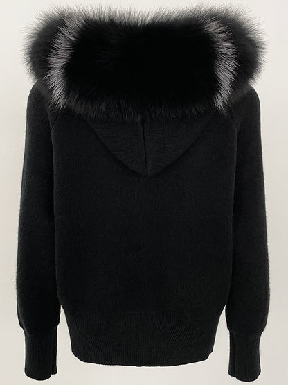 Luzz Fur Touch gerçek tilki kürkü kapüşonlu  örgü hırka