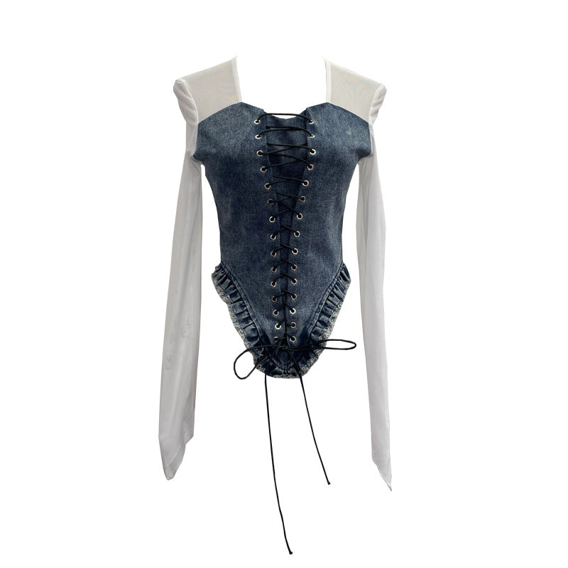 Adriana Denim Uzun Kollu  Lace Straplez Üst