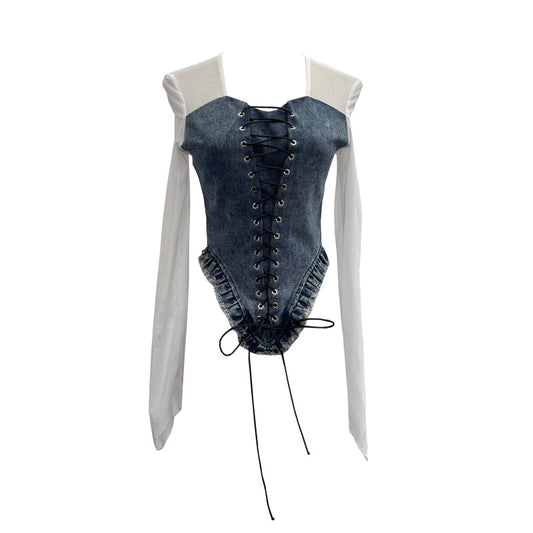 Adriana Denim Uzun Kollu  Lace Straplez Üst