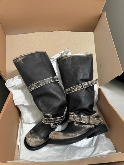 Luzz Kemer Tokalı Eskitme Kalın Topuk Çizme