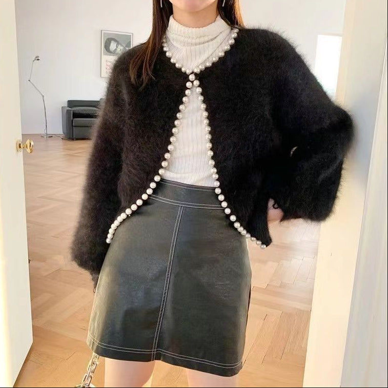 Boncuklu inci kenar kazak örme hırka