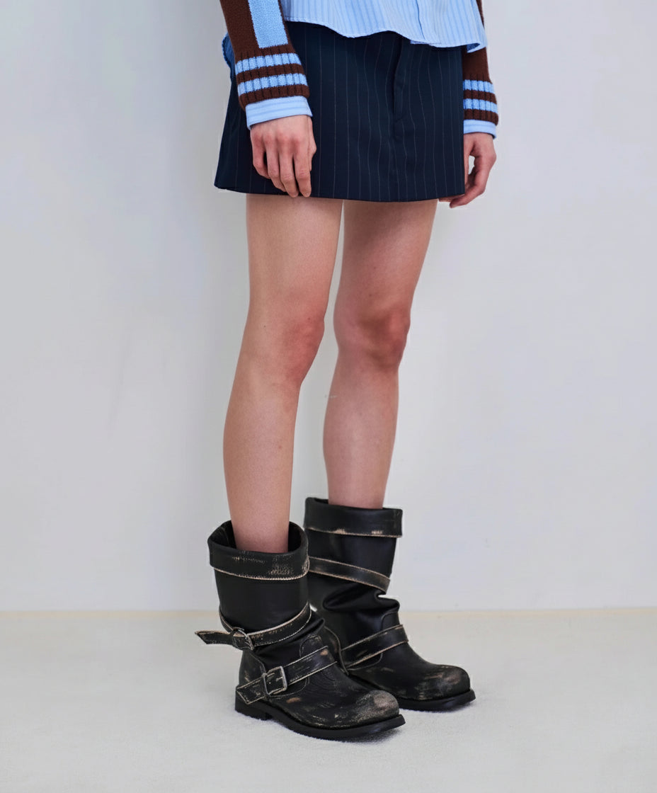 Luzz Kemer Tokalı Eskitme Kalın Topuk Çizme