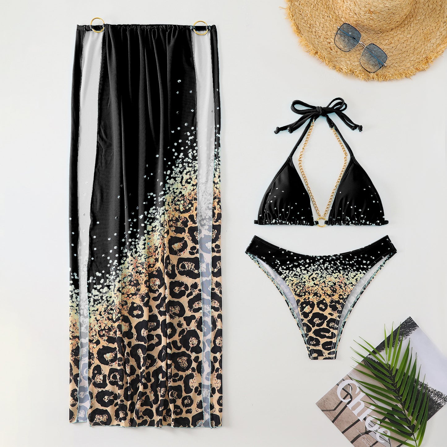 Rojo Orado 3 Parça Leopar Desenli Halter Yaka Bikini Takımı