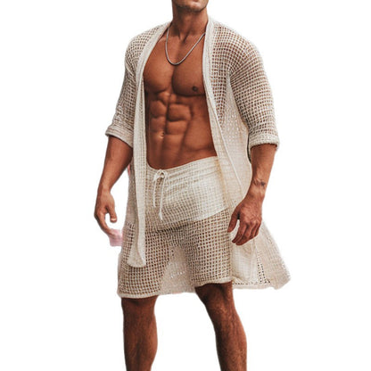 Plaj tarzı örme ceket şort takımı