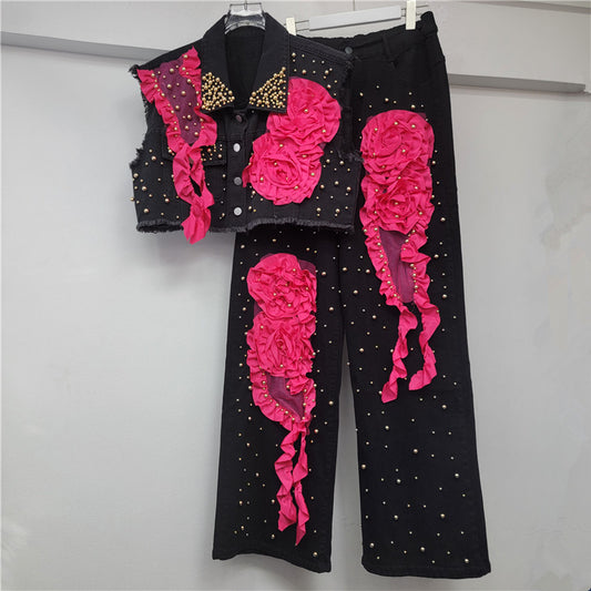 Wonx Girls Tasarım yelek + kot pantolon takımı