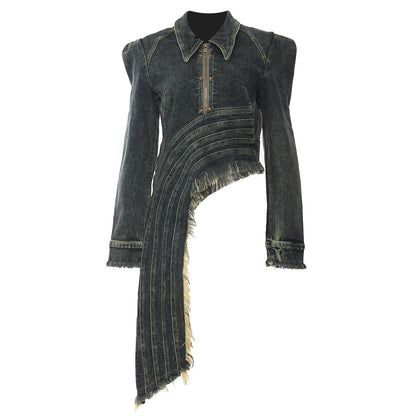 Luzz Yaka Fermuarlı Kısa Patchwork Yıkanmış Püsküllü Retro Ceket