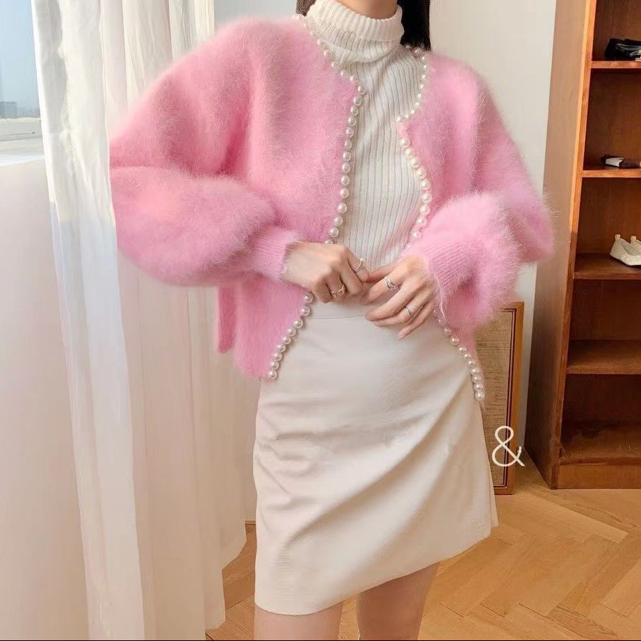 Boncuklu inci kenar kazak örme hırka