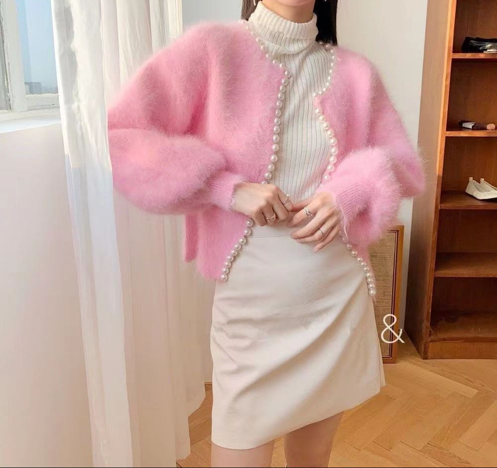 Boncuklu inci kenar kazak örme hırka