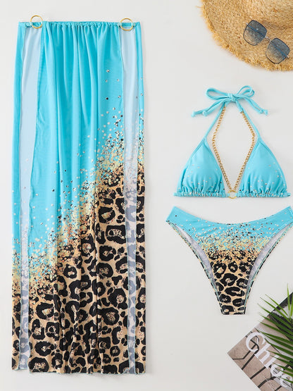 Rojo Orado 3 Parça Leopar Desenli Halter Yaka Bikini Takımı