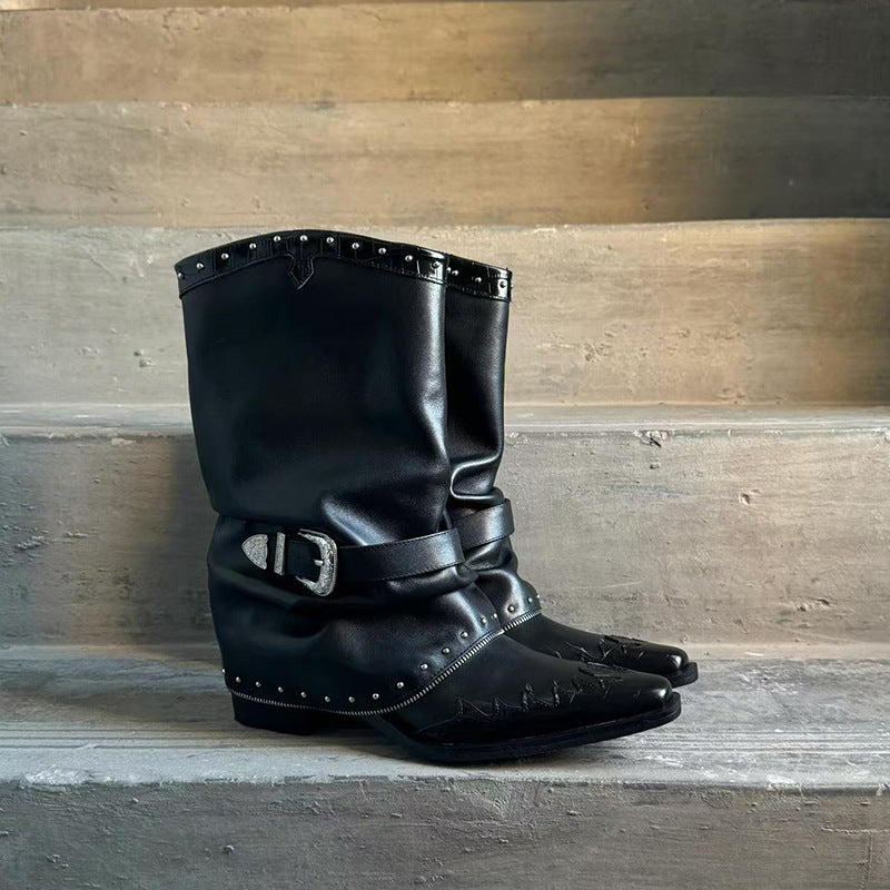 Luzz Sivri Burun Perçinli Kalın Topuklu Kısa Bot