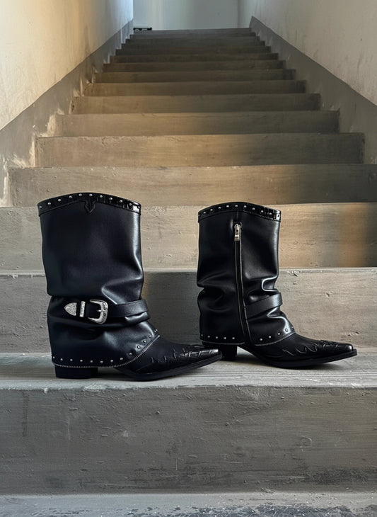 Luzz Sivri Burun Perçinli Kalın Topuklu Kısa Bot