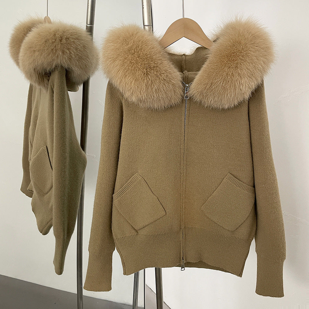 Luzz Fur Touch gerçek tilki kürkü kapüşonlu  örgü hırka