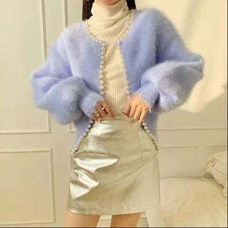 Boncuklu inci kenar kazak örme hırka