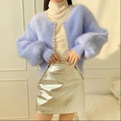 Boncuklu inci kenar kazak örme hırka