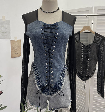 Adriana Denim Uzun Kollu  Lace Straplez Üst