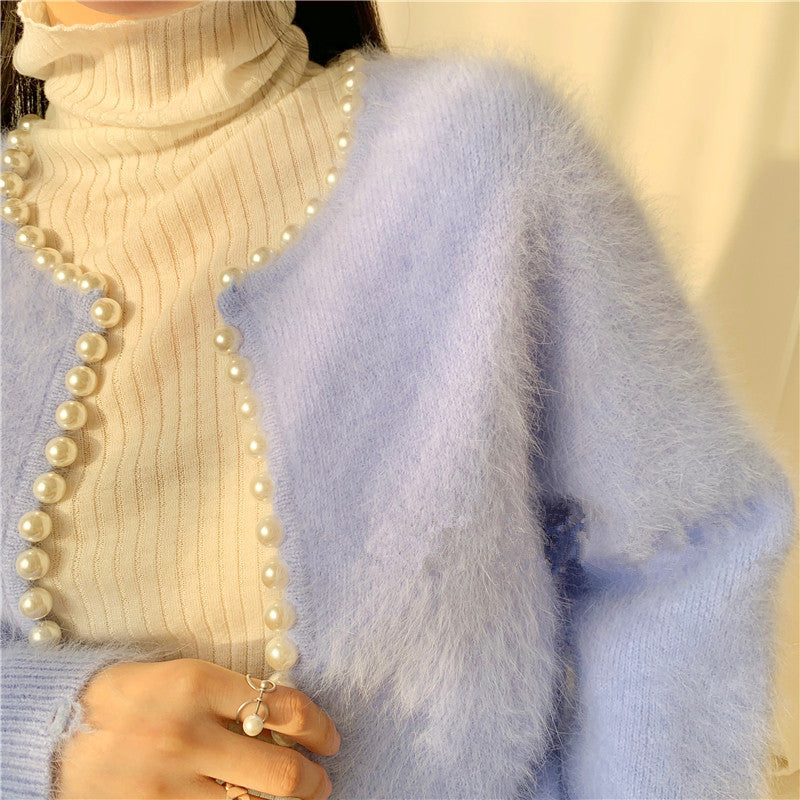 Boncuklu inci kenar kazak örme hırka