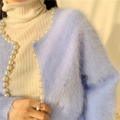 Boncuklu inci kenar kazak örme hırka