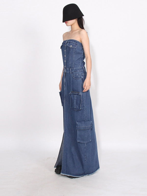 Work B Dark Blue Denim Maxi Elbise