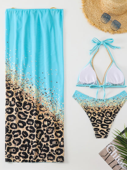 Rojo Orado 3 Parça Leopar Desenli Halter Yaka Bikini Takımı