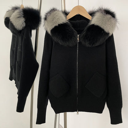 Luzz Fur Touch gerçek tilki kürkü kapüşonlu  örgü hırka